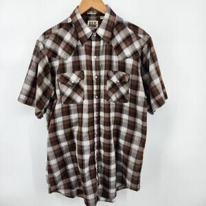 Ely Cattleman Tall Man Large Tall Pearl Snap Brown Plaid Short Sleeve